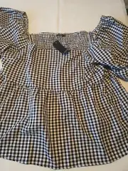 Nasty Gal Plus Size Gingham Print Puff Sleeve Top Size 14 Black