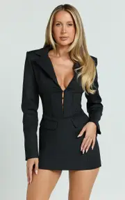 Lawrence Mini Dress - Workwear Hook And Eye Front Fit And Flare Blazer Dress in Black