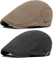 [Qianuer] 2 Pack Men's Adjustable Newsboy Hat Flat Cap Cotton Ivy Gatsby Cabbie Driving Hat Beret