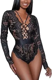 [Ladies & Men's story] Women Sexy Floral Lace Long Sleeves Bodysuit Backless Teddy Lingerie