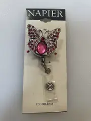 Napier Clip Id Holder Pink Butterfly Bling Crystals NEW