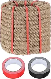sourcing map Jute Rope 1 Inch x 66ft, Heavy Natural Thick Twisted Rope with 2 Roll Tapes for Crafts Railing Docks Tug of War Swing Nautical Landscaping
