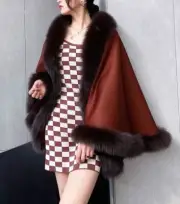 Women's New Caramel Cashmere Wool Wrap Cape Fox Fur CYBER MONDAY SALE
