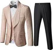 [MY'S] Men's Floral Suit, 3 Piece Slim Fit Paisley Tuxedo, Jacket Pants Vest with Bow Tie for Wedding Prom Dinner