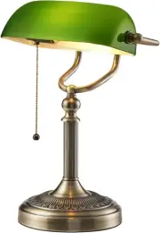 Bronze Green Banker Desk Lamp Pull Chain Switch Glass Light Satin Brass Fixture