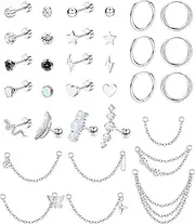 [Sanfenly] 20G Cartilage Flat Back Earrings Set for Women Men Surgical Steel Helix Earrings Cute CZ Small Hypoallergenic Stud Earrings Hoop Chain Dangle Helix Tragus Piercing Jewelry