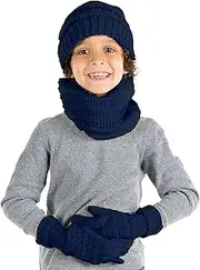 [Funky Junque] Kids Matching Winter Solid Ribbed Beanie Cap, Fleece Lined Neck Warmer, Stretchy Toddler Gloves Bundle