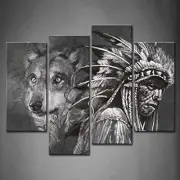 4 Panel Wall Art Black and White Wolf and Indians Painting The Picture Print ...