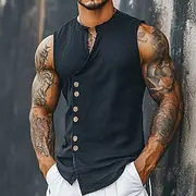Men's Shirt Linen Shirt Summer Shirt Beach Shirt Vintage Shirt Sleeveless Shirt Plain Daily Streetwear Black White Sky Blue Khaki Sleeveless Mandarin Collar Su