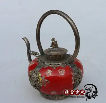 古董古玩復古純銅茶壺龍鳳呈祥小銅壺龍飛鳳舞酒壺乾隆年造銅壺1入| 銀 