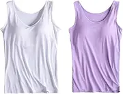 [HJYUZP] 2 Pack Tank Tops for Women 2024 Cami Built in Bras Plus Size Shelf Bra Shirt Yoga Athleic Layering Undershirt
