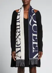 NWT Alexander McQueen Reversible 100% Cashmere Scarf Made in Italy Navy/Ivory