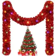 5M Christmas Lighted Garland Tree Decoration Prelit Tinsel Battery Operated 51 LED Christmas Multicolor for Xmas Home(Red)