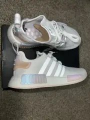 NMD_R1 Women’s Sneaker, White With Pink/purple Metallic Color. NEW W Box;size8