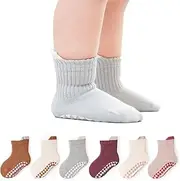 [AOIREMON] Non Slip Toddler Seamless Socks, 5-6 Pairs Soft Cotton Crew Children Floor Socks with Cute Animals For 0-5 Years Old Boys Girls，Anti Skid Kids Trampoline Socks with Grips For Baby Toddler