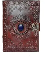 7" Leather Journal with Clasp & Stone Writing Pad Blank Notebook Handmade Notepad for Men & Women Unlined Paper Best Present Sketchbook Travel Diary to Write Book of Shadows Refillable Grimoire Large