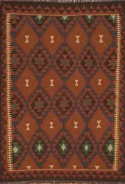 Orange Kilim Rugs Rectangle Flatweave Pile Wool Kelim Carpets 5x6 ft