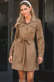 Cupshe Brown Collared Drawstring Waist Mini Utility Dress - Brown,S