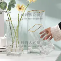 在飛比找樂天市場購物網優惠-歐式簡約輕奢描金玻璃瓶透明方口創意水培植物鮮花插花瓶家用擺件