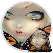Faces of Faery #57 Girl with Monarch Butterflies Round Beach Towel