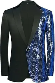 [HEYDHSDC] Mens Wave Striped Patchwork Dress Blazer Slim Fit One Button Shiny Suit Jacket Wedding Party Dinner Tuxedo Blazer