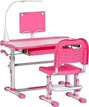 Qaba Kids Desk and Chair Set, Height Adjustable School Study Table and Chair, Student Writing Desk with Tilt Desktop, LED Light, Pen Box, Drawer, Reading Board, Cup Holder, and Pen Slots, Pink