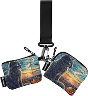 [XYMZR] Mini Zip Around Wristlet keychain Wallet Black Cat Pumpkin Halloween for Women Detachable Dual Pouch Wristlet Portable Wallet Phone Coin Purse, Multi-colored, One Size