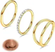 [Kakonia] 3pcs Gold Plated Nose Rings Hoops - Surgical Steel Double Hoop Nose Rings 16G/18G/20G Hinged CZ Conch Piercing Jewelry Septum Clicker Lip Rings Cartilage Earring Helix Rook Tragus Daith 7mm/8mm/9mm/10mm