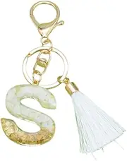 [Gierzijia] Cute White Tassel A-Z Alphabet Resin Keychain Tassel Pendant for Women, Initial Letter Key Ring Accessories Bag Charms