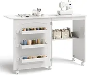 Giantex Folding Sewing Table, 2-in-1 Rolling Craft Table w/Storage, Lockable Casters, Movable Sewing Desk, Multifunctional Sewing Machine Cart Table for Home Apartment