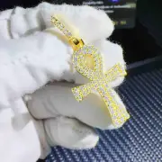 2 Ct VVS1 Natural Moissanite Ankh Cross Men's Pendant 14K Yellow Gold Plated