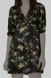 $494 AllSaints Women's Black Floral Silk V-Neck Short Sleeve Shift Mini Dress XS
