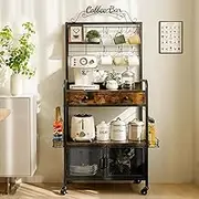 Coffee Bar Cabinet with 10 Mug Hooks, 3-Tier Coffee Station with Coffee Bar Sign, Coffee Cart with Drawer, Coffee Stand with Wheels and Doors for Dining Room Kitchen Living Room Entryway