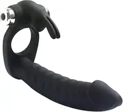 Silicone Butt Plug Dual Penetration Vibrating Double Dildo with Cock Ring Penetrator Men Couple Anal Plug Sex Strapon Enhancer 7 Speed Adult Women Pleasure (Black)