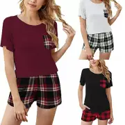Pajamas Set Crewneck Short Sleeve Top with Plaid Shorts Sleepwear Loungewear