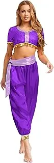 [RUNQHUI] Women's Arabian Princess Costume Belly Dance Outfit Sequin Beads Crop Top with Bloomers Harem Pants