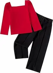 [Hilinker] Toddler Girls 2 Piece Outfits Square Neck Puff Long Sleeve Top Wide Leg Pants Clothing Sets