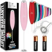 [Zulay Kitchen] Milk Frother Wand (2 Duracell Batteries Included) - Handheld Milk Frother - Easy-Clean Milk Frother Wand & Drink Mixer - Electric Coffee Frother for Frappe, Matcha - Cotton Candy Pink