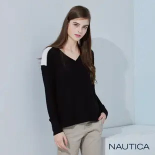 Nautica 女裝 簡約撞色華夫格V領長袖T恤-黑色