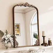 TETOTE Antique Gold Arched Wall Mirror 20 x 30 Vintage Brass Framed Baroque French Ornate Arch Mirror for Mantle Fireplace Bathroom Living Room Decor, French Cleat Mount