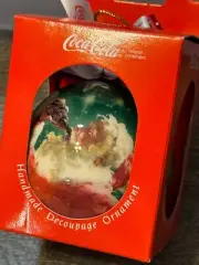 Coca-Cola Handmade Decoupage Christmas Ornament Santa Drinking Bottle Round Ball