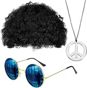 Generic Disco Wig and Sunglasses | Retro Men's Accessory Set, Elastic Afro Wig, Black, Polyethylene + Metal, Size 1, WIG