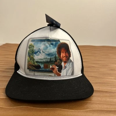 NWT Bob Ross Hat Cap Snap Back Black White Trucker Painting Artist Baseball