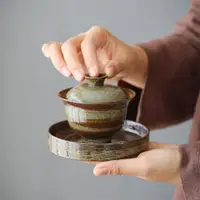 在飛比找ETMall東森購物網優惠-碌心 復古粗陶三才蓋碗 日式手工陶瓷蓋碗 功夫茶具茶碗家用泡