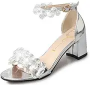 [Girllike] Women Beaded Diamond Ankle Strap Block Chunky Heel Dress Platform Sandal