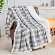 Sherpa Fleece Blanket - Buffalo Plaid Christmas Blanket, Throw Grey and White