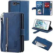 UEEBAI Wallet Case for iPhone 7 Plus iPhone 8 Plus, Retro 9 Card Slots Zipper Pocket Handbag Case PU Leather Magnetic Closure Kickstand with Wrist Strap TPU Flip Case - Blue