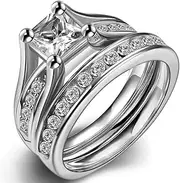 [Jude Jewelers] Stainless Steel Princess Cut Wedding Engagement Ring Set Anniversary Propose Eternity Bridal Halo
