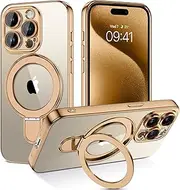 BENTOBEN for iPhone 15 Pro Case, Magnetic Ring Stand Compatible with MagSafe [Camera Lens Protection] Luxury Golden Electroplating Design HD Clear Back Cover for iPhone 15 Pro 6.1 Inch,Desert Titanium
