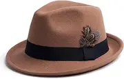 [EOGIMI] Short Brim Fedora Hats for Men & Women Felt Dress Panama Trilby Hats with Feathers Band, Khaki, Medium